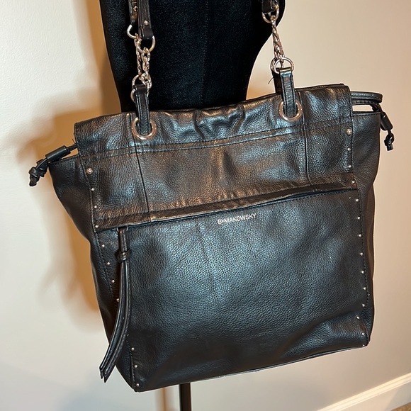 B Makowsky black leather shoulder handbag with silver chain - Picture 5 of 14